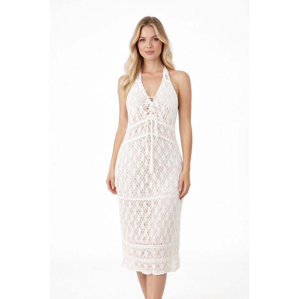 Anna Kosturova Crochet Midi Dress Size S White Halter Beach Boho Handmade